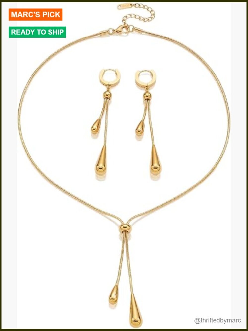 Teardrop Lariat Necklace & Earrings Set - Hypoallergenic